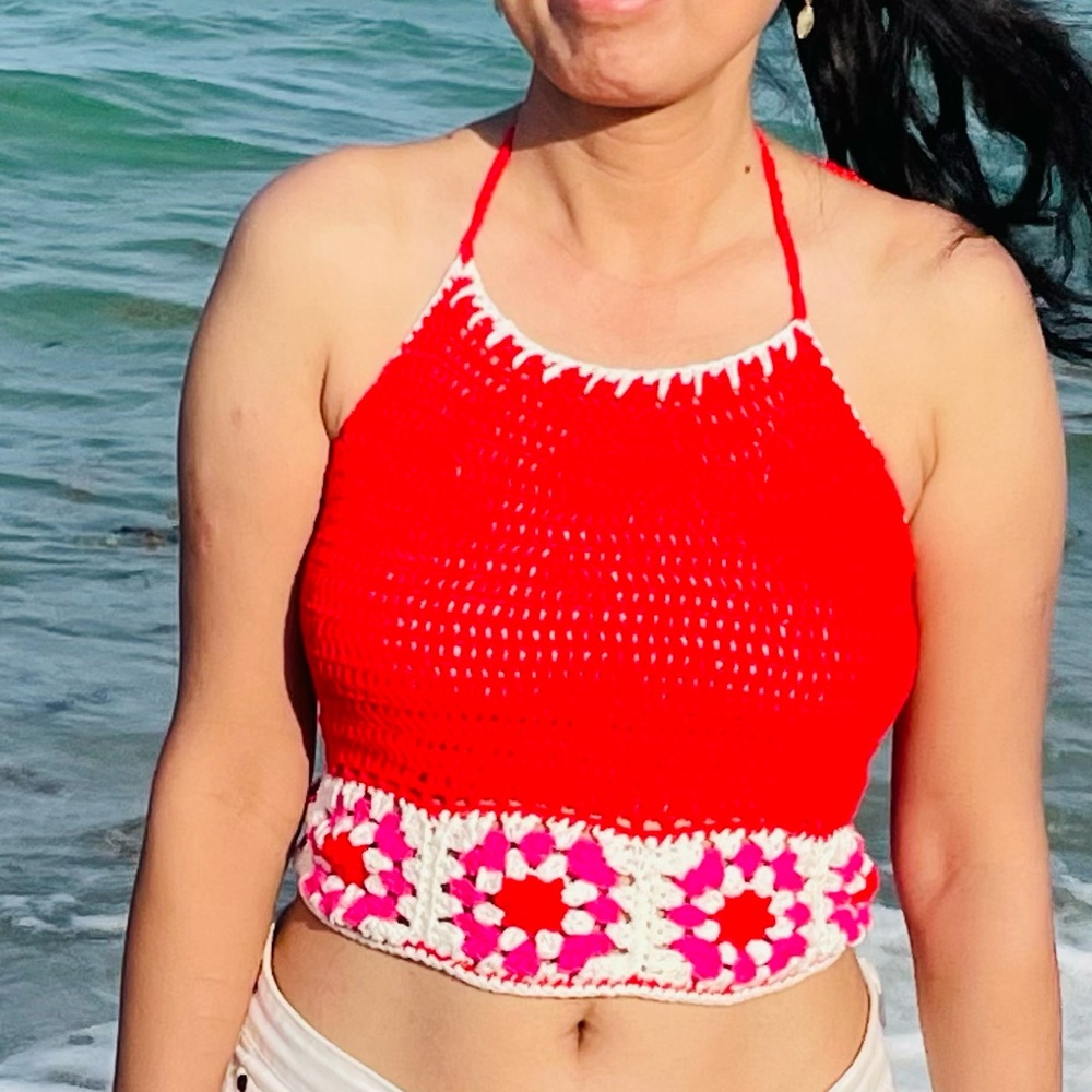 Hand Crocheted Granny Square Knit Halter Top